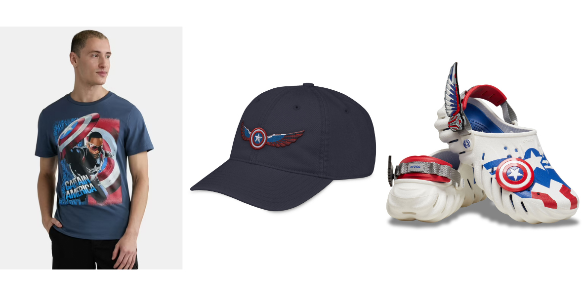 The left image shows a man wearing a dark blue Marvel Captain America Graphic Tee, displaying Captain America. The middle image shows the dark blue Captain America ''Falcon'' Baseball Hat for Adults, with an embroidered Captain America shield and Falcon wings on the front. The right image shows the Captain America: Brave New World Clogs for Adults by Crocs, which are white with red, white and blue graphics, 3D wings on the sides, and a shield charm.