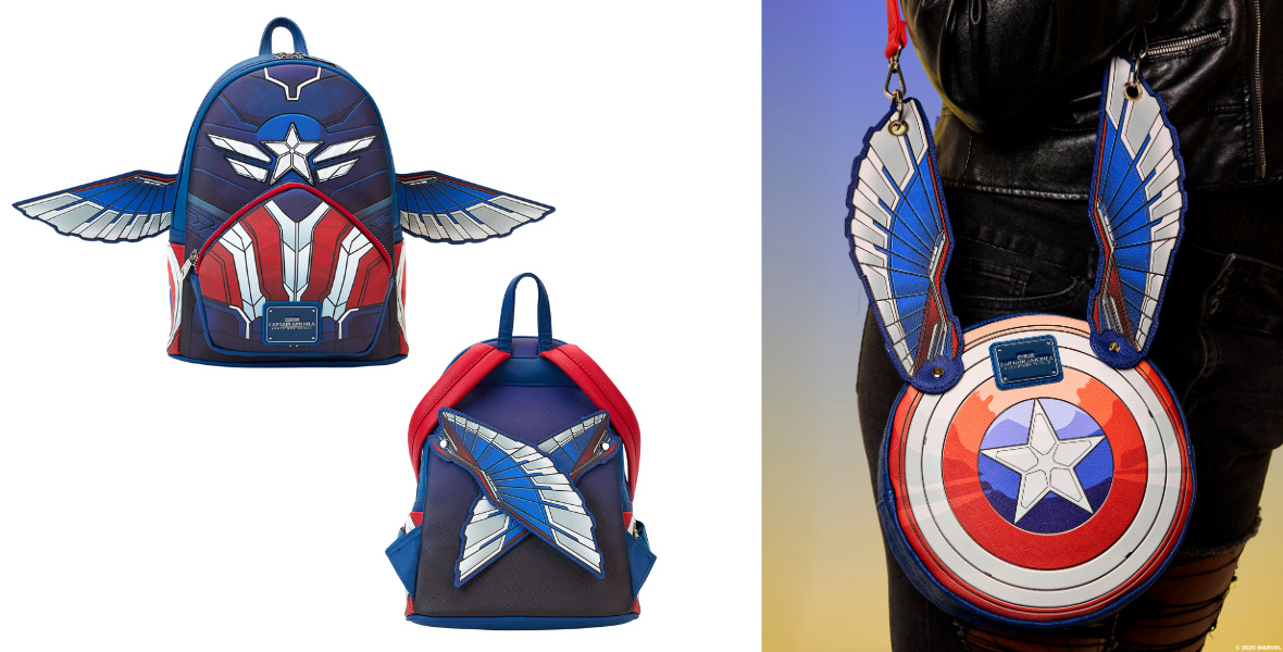 The left image shows a front and back view of the Captain America: Brave New World Loungefly Mini Backpack with retractable wings. The right image shows the Captain America: Brave New World Shield Loungefly Crossbody Bag with the retractable wings pointing upwards.