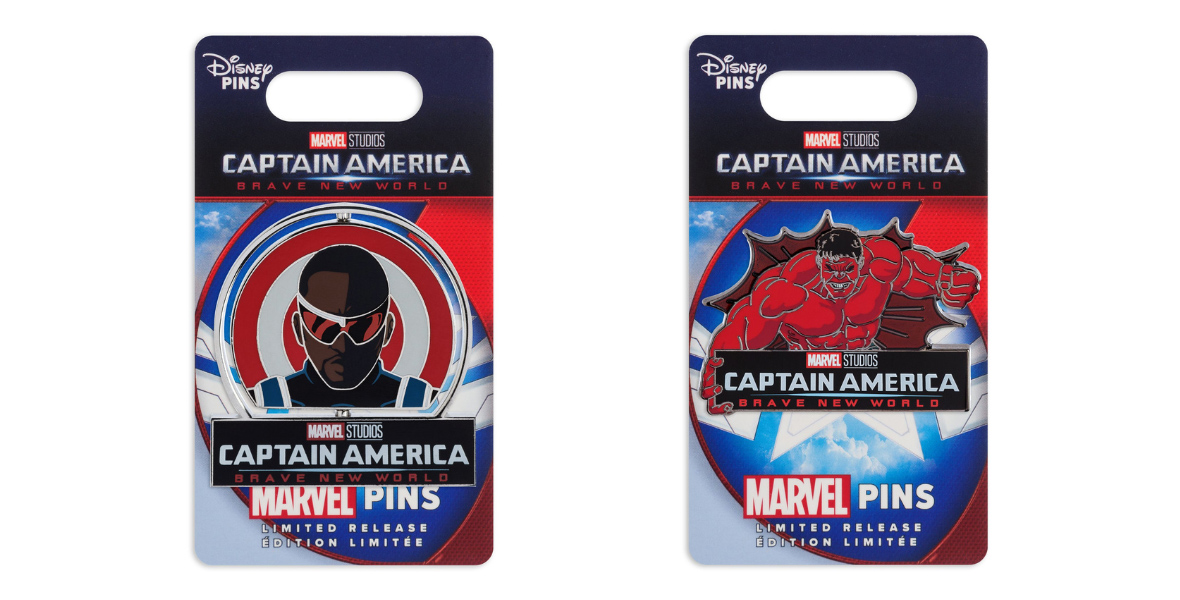 The left image shows the Falcon Joaquin Torres Pin – Captain America: Brave New World – Limited Release and the right image shows the Red Hulk Pin – Captain America: Brave New World – Limited Release, both in their packaging.