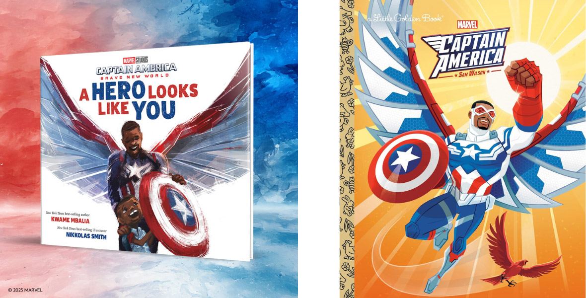 The left image shows the book Captain America: Brave New World: A Hero Looks Like You. It has Captain America with a young boy looking up to him. The right image shows Captain America: Sam Wilson (Marvel) Little Golden Book with a flying Captain America on the cover.