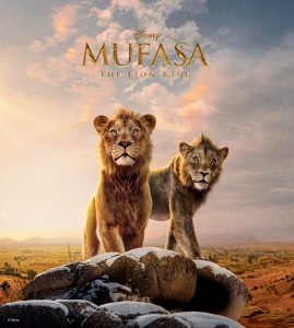Two young adult male lions stand atop a rocky rise above the African savanna in this back cover image from the Disney twenty-three publication featuring the Disney film Mufasa: The Lion King. The title of the film appears above the lions against wispy white and orange clouds in a blue sky. The lions are a young Mufasa, at the center, and his adopted brother, Tara, behind Mufasa and slightly to the right.