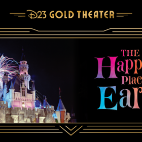 A stylized image of a marquee with “D23 Gold Theater" centered at the top, showcasing the February D23 Gold Theater virtual event. On the left is a vintage photograph of Sleeping Beauty Castle at Disneyland Resort, with fireworks in the sky. In the center, the title reads “The Happiest Place on Earth: 70 Years of Disneyland with Don Hahn and Christopher Merritt.” To the right is an event logo that reads “The Happiest Place on Earth.”