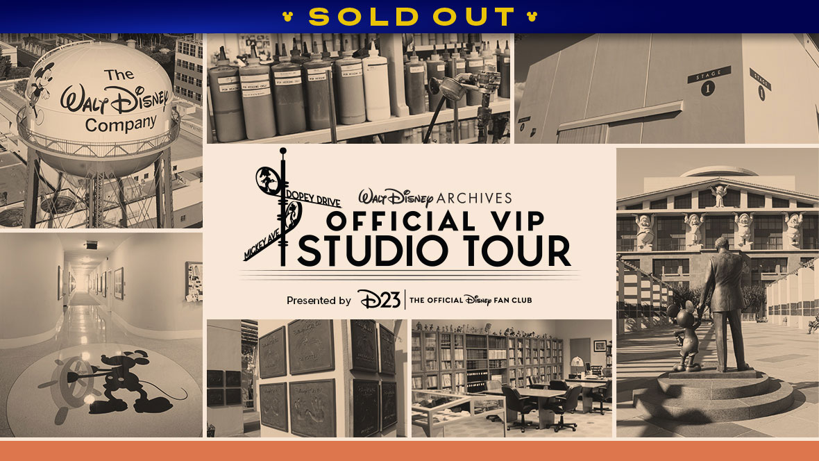 Seven black-and-white pictures are gridded together with a white box that has black text reading “Walt Disney Archives Official VIP Studio Tour Presented by D23 The Official Disney Fan Club” in the middle of the page, with the iconic Dopey Drive and Mickey Ave. street intersection time next to it. The three pictures on top include (from left to right) a water tower reading “The Walt Disney Company,” a bunch of paint bottles sitting on shelves, and the wall of a studio. The four pictures on the bottom include (from left to right) a hallway with Steamboat Willy printed on the floor, in his sailor outfit and cap holding onto a boat wheel; handprint plaques that hang on a column; an office filled with books on shelves; and back half of the “Partners” statue on the Disney Studios lot, featuring Walt Disney holding Mickey Mouse