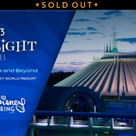 A promotional image for the D23 Spotlight Series event titled “Space Mountain and Beyond,” scheduled for March 9 at the Walt Disney World Resort, presented by Walt Disney Imagineering. The background on the left features deep blue tones, evoking a sense of awe and night sky. On the right is a photograph of Space Mountain at dusk, with clouds in the background. A banner at the top reads SOLD OUT.