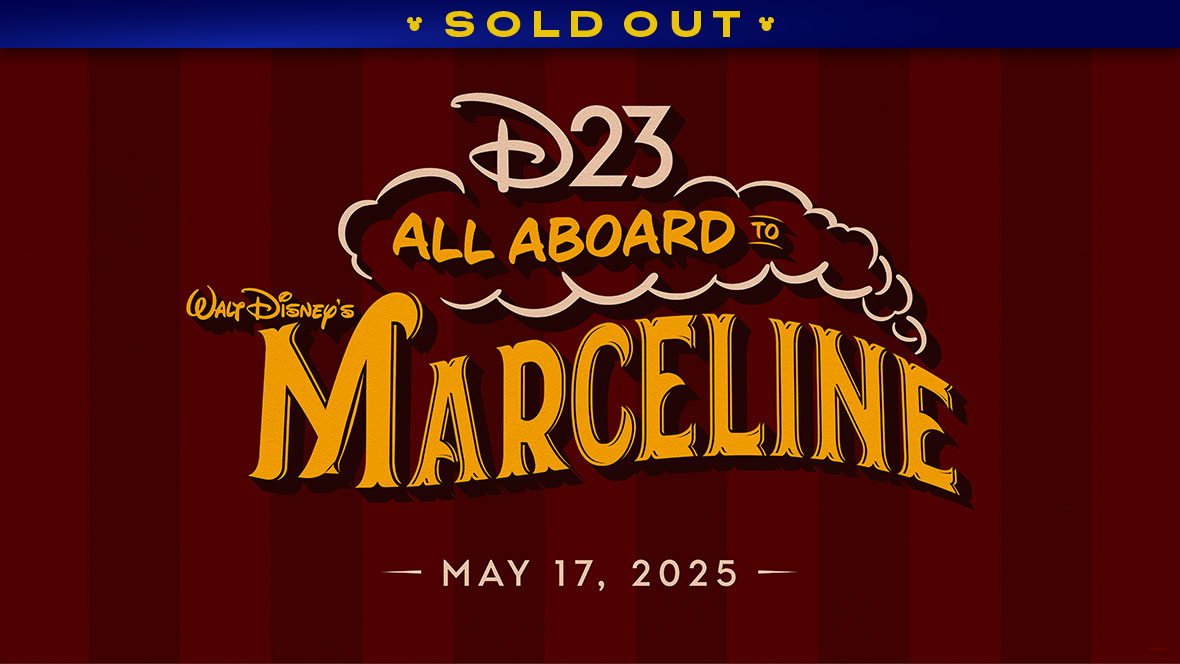 A striped-pattern background featuring alternating vertical lines of dark maroon, with the event title in the foreground written in vintage serif font in golden yellow, reading “D23 All Aboard to Walt Disney’s Marceline,” with the text aligned in the shape of a steam train, and clouds surrounding the words “All Aboard to.” Underneath the main title is the event date, May 17, 2025. A banner at the top reads SOLD OUT.