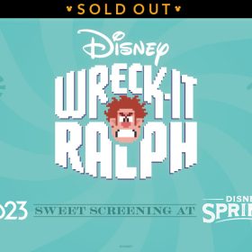 The logo of the Disney movie Wreck-It Ralph is seen at center, with “A D23 Sweet Screening at Disney Springs” written at the bottom. The background is shades of light teal and medium teal in a swirled pattern, with silhouettes of candies, cake, ice cream, lollipops, and a gummy bear evenly dispersed on the left and right side of the image. A banner at the top reads SOLD OUT.