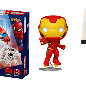 (From L-R): LEGO Spider-Man Mech vs. Anti-Venom Building Toy Set within its box unopened, Funko POP! Iron Man (Marvel New Classics) figure, and Marvel Avengers Long John Pajama Set for kids.