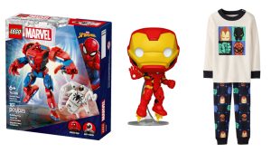 (From L-R): LEGO Spider-Man Mech vs. Anti-Venom Building Toy Set within its box unopened, Funko POP! Iron Man (Marvel New Classics) figure, and Marvel Avengers Long John Pajama Set for kids.