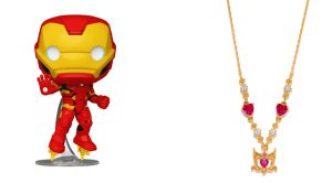 Left shows Funko POP! Iron Man (Marvel New Classics) figure. Right shows a gold Girls Crew Scarlet Witch Necklace with red cubic zirconia stones.