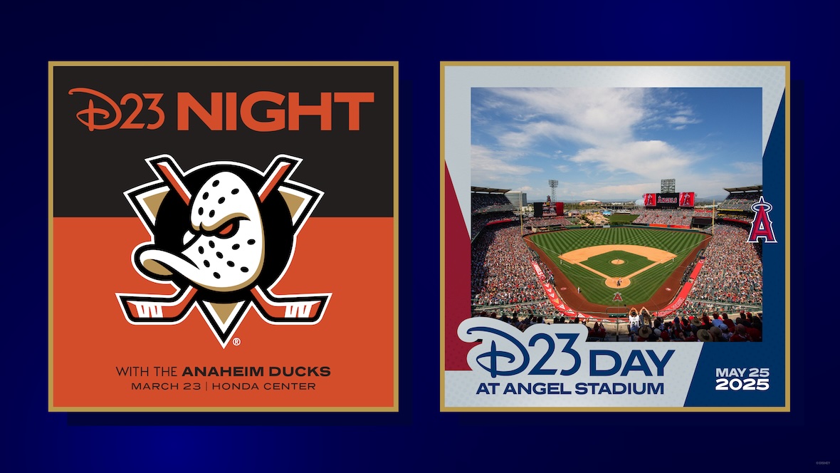 A side-by-side promotional image for two upcoming D23 events in spring 2025. On the left, an image promoting D23 Night with the Anaheim Ducks. At the top, the words “D23 Night” in orange are set against a black background, and on the bottom the words “With the Anaheim Ducks; March 23, Honda Center” in black are set against an orange background. In the middle is the Anaheim Ducks logo. On the right, an image promoting D23 Day at Angel Stadium. The left part of the image is a wide shot of the baseball field and full stadium at dusk, with the Anaheim Angels’ “A” logo in the upper left corner. The right part of the image has a Mickey Mouse ears-shaped banner, in navy blue, set against a red background; in the banner are the words “D23 Day” in white. In another, smaller navy-blue banner are the words “August 4th, 2024, Angel Stadium.” At the very bottom is the full D23 logo.