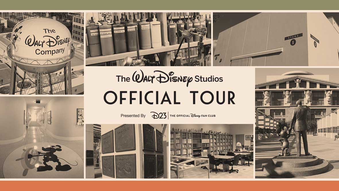 An image promoting the D23’s Walt Disney Studios tours. Seven black-and-white pictures are gridded together with a white box that has black text reading “The Walt Disney Studios Official Tour Presented By D23 The Official Disney Fan Club” in the middle of the page. The three pictures on top include (from left to right) a water tower reading “The Walt Disney Company,” a bunch of paint bottles sitting on shelves, and the wall of a studio. The four pictures on the bottom include (from left to right) a hallway with Steamboat Willy printed on the floor, in his sailor outfit and cap holding onto the boat wheel; handprint plaques that hang on a column; an office filled with books on shelves; and back half of the “Partners” statue on the Disney studio lot, featuring Walt Disney statue holding Mickey Mouse's hand, looking up at four of the Seven Dwarfs on the top of a Team Disney building.