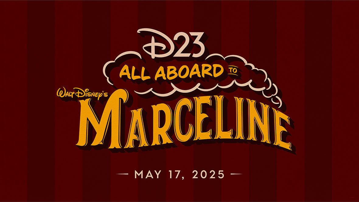 An image promoting D23’s upcoming event in Marceline, Missouri. Set against a vertical striped background, in two varying hues of red, is the D23 logo above a whimsical title treatment of the words “All Aboard to Walt Disney’s Marceline,” mean to evoke the steam coming out of a train. Under the title treatment is the date of the event: May 17, 2025.