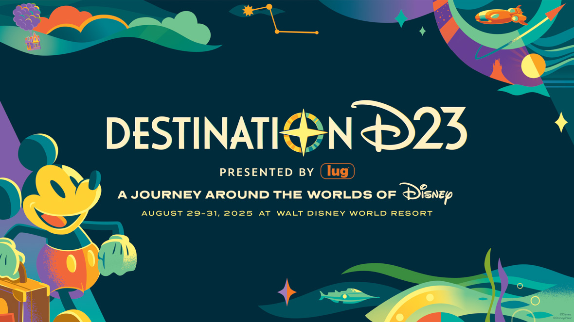 An image promoting Destination D23 2025. Retro sans-serif text reads “Destination D23, A Journey Around the Worlds of Disney, August 29-31, 2025, at Walt Disney World Resort” with a compass replacing the “O” in Destination; the wording is seen against a dark background. In the upper left is a silhouette of the house from Up floating in the sky. In the upper right is Stitch’s spaceship and some star graphics. On the bottom left, Mickey Mouse is carrying a travel briefcase and is mid-stride. On the bottom right is a submarine against some stylized underwater motifs.