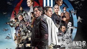 Promotional photo for Andor Season 2 shows the characters standing in front of a symbol which features a red Resistance symbol at left and a blue Imperial system on the right. Characters are positioned in front of the symbol indicating which group they are a part of.