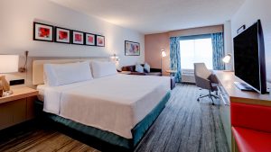 A modern hotel room in Hilton Garden Inn Anaheim in Garden Grove featuring a king-sized bed with white linens, bedside tables with lamps, a seating area with a couch, a work desk with a chair, and a large flat-screen TV. The room has contemporary decor with framed floral artwork above the bed, a large window with blue-patterned curtains, and soft ambient lighting. The flooring is a mix of carpet and hard surface, creating a cozy yet functional space.