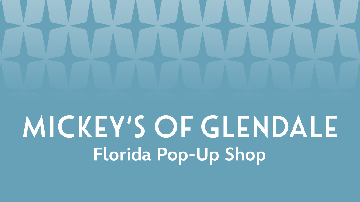 A promotional image featuring white text that reads “Mickey’s of Glendale Florida Pop-Up Shop” against a light blue gradient background. In the top half of the image is a row of four-corner pointed blue stars that fades into the middle of the background.