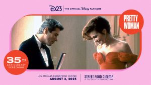 A promotional image for D23 & Street Food Cinema Present Pretty Woman, featuring a scene from the film. Edward (Richard Gere), is wearing a tuxedo, and Vivian (Julia Roberts), is wearing a red gown; Edward is showing Vivian jewelry in a velvet case (most of the case is below a pink frame that surrounds the image)—and they are both smiling. The top of the image features the logo for D23: The Official Disney Fan Club. On the upper right are the words “Pretty Woman” in a red circle; on the bottom left are the words “35th Anniversary Screening” in another red circle. At the very bottom is text that reads “Los Angeles Equestrian Center, August 2, 2025,” next to the Street Food Cinema logo.