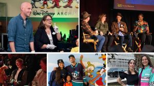 A collage of behind-the-scenes and on-site photos from D23 Events. In the upper left, Bret Iwan and Becky Cline for D23 Gold Theater Weird Disney, and in the upper right D23’s Justin Arthur, and Walt Disney Imagineers Susan Bonds, Daniel Jue, and Charita Carter share a laugh during the D23 Spotlight Series: The Making of Indiana Jones Adventure. In the bottom right, a picture of a marionette interacting with a guest during D23 Day at Bob Baker Marionette Theater; in the bottom center guests pose behind a Donald Duck photo-op during D23 Night with the Anaheim Ducks; in the bottom right corner fans in Vanellope von Schweetz inspired tops pose for Wreck-It Ralph: A D23 Sweet Screening at Disney Springs."