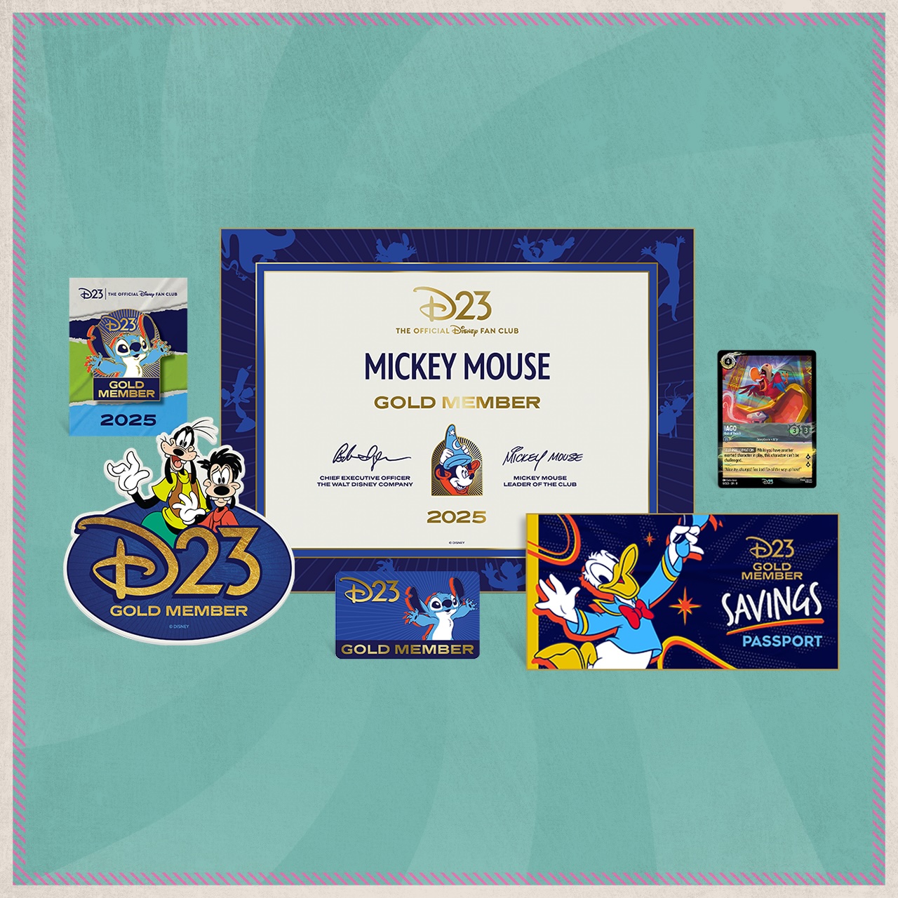 D23 Gold Membership kit featuring a certificate, card, magnet, Savings Passport, and Stitch pin on a teal background.