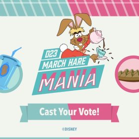 An image with a split border of teal and pink, with the top border designed to look like striped candy. The center of the image features the text “D23 March Hare Mania” against a darker teal background. The March Hare from Alice in Wonderland, holding a teapot, is popping out from the right side of the text. Below the text is a teal and pink ribbon with an additional message, “Cast your vote!” in white text. On each side of the image, food from Disney films are highlighted in teal and pink circles.