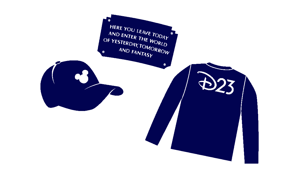 Gold Membership Renewal Stylized dark blue graphic representing Disney merchandise and premium items available to D23 members. The image includes a baseball cap with a Mickey Mouse silhouette, a long-sleeve shirt featuring the D23 logo on the back, and a plaque with the iconic Disneyland quote: 'Here you leave today and enter the world of yesterday, tomorrow and fantasy.' Sparkles are scattered throughout, adding a magical touch.