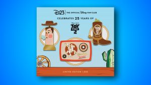 An image of the D23-exclusive Toy Story 2 25th Anniversary Woody&rsquo;s Roundup Pin Set, which features three Toy Story 2-themed pins. The first pin depicts a Woody bubble blower; the second pin captures the essence of &ldquo;Woody&rsquo;s Roundup&rdquo; with a vintage radio; and the third pin features a classic Woody boot with a snake peeking out. The pins are located on a backer card inspired by &ldquo;Woody&rsquo;s Roundup&rdquo; and featuring the D23 logo alongside a celebration of 25 years.
