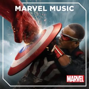 Promotional image for Marvel Music featuring Sam Wilson as Captain America, holding up his vibranium shield to block a powerful punch from a large red fist. Sparks fly upon impact, emphasizing the strength of the blow. Sam wears his Captain America suit with red-tinted goggles, showing a determined expression. The background consists of a cloudy sky. The text 'MARVEL MUSIC' is displayed at the top, and the Marvel logo appears in the bottom right corner.
