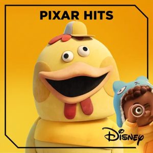 Promotional image for 'Pixar Hits' featuring a large, yellow, cartoonish chicken character with a goofy expression, round eyes, and a red tongue sticking out. The character wears a small yellow hat with a red accent. To the right, a young child wearing a blue animal-themed hoodie playfully holds a magnifying glass up to their eye. The background is a bright yellow gradient. The text 'PIXAR HITS' is displayed at the top, and the Disney logo appears in the bottom right corner."