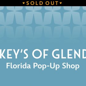 A promotional image featuring white text that reads “Mickey’s of Glendale Florida Pop-Up Shop” against a light blue gradient background. In the top half of the image is a row of four-corner pointed blue stars that fades into the middle of the background. A banner at the top reads SOLD OUT.