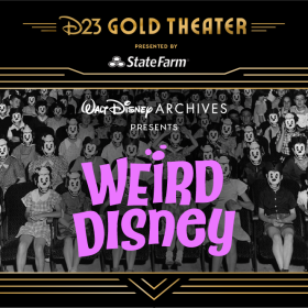 Image promoting D23 Gold Theater’s next virtual event in March 2025. A stylized image of a marquee with “D23 Gold Theater Presented by StateFarm” is centered at the top; the background features a black-and-white photograph from the 1930s of seated Disney fans wearing unique Mickey Mouse masks. Over this photo is a logo reading “Walt Disney Archives Presents Weird Disney,” with a Mickey Mouse shape replacing the dot on the “i.”