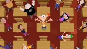 In Phineas and Ferb, Buford Van Stomm, Phineas Flynn, Baljeet Tjinder, Isabella Garcia-Shapiro, Ferb Fletcher, and their classmates lift their hands up and sing in the classroom.