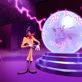 Goofy is electrocuted onstage, horrifying the pop star Powerline.