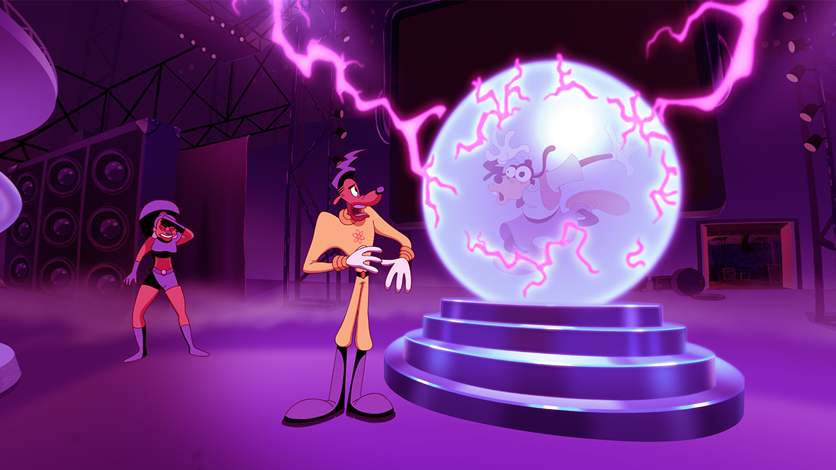 Goofy is electrocuted onstage, horrifying the pop star Powerline.