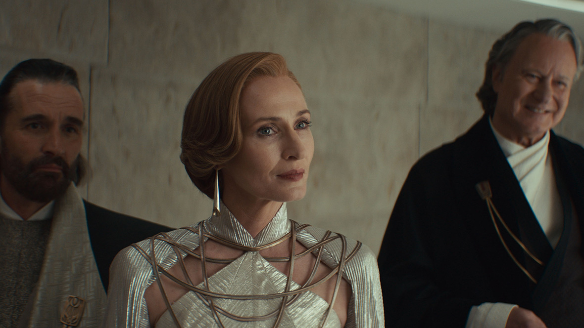 Perrin Fertha (Allistair Mackenzie), Mon Mothma (Genevieve O’Reilly), and Luthen Rael (Stellan Skarsgård) appear in Lucasfilm’s Andor Season 2, only on Disney+.