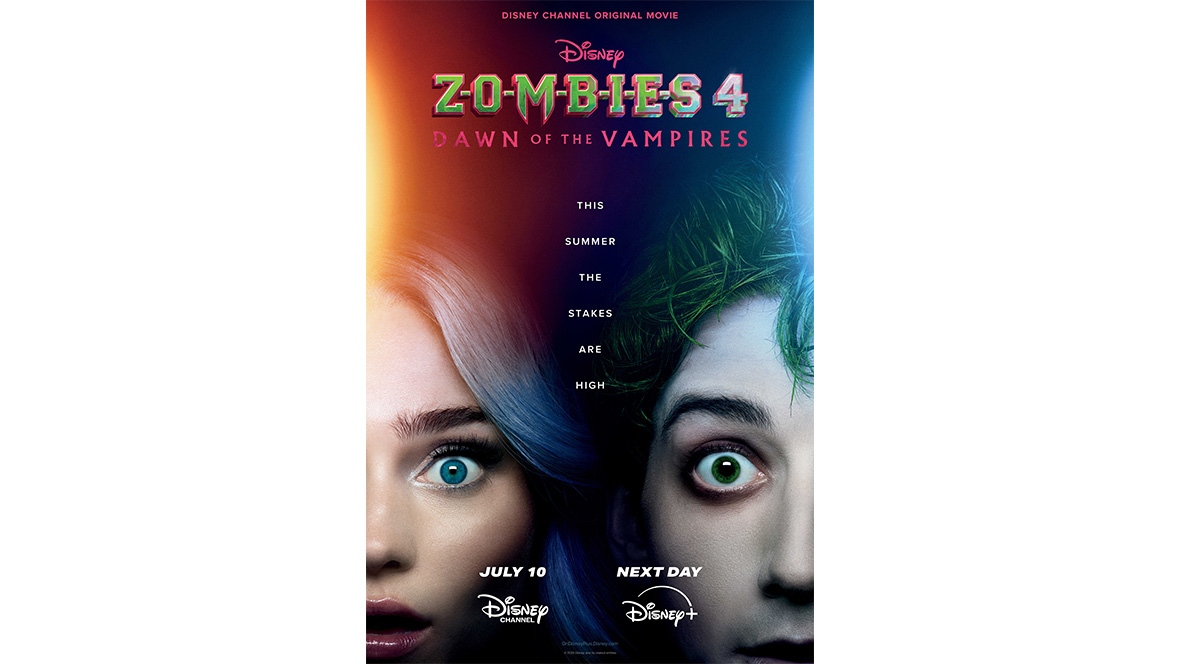 Addison, played by Meg Donnelly, and Zed, played by Milo Manheim, open their eyes wide in the poster for ZOMBIES 4: Dawn of the Vampires, premiering in July 2025.