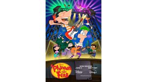 Isabella Garcia-Shapiro, Phineas Flynn, Buford Van Stomm, Agent P, Ferb Fletcher, Dr. Heinz Doofenshmirtz, Candace Flynn, and Baljeet Tjinder play musical instruments onstage in key art for Phineas and Ferb, returning June 2025 on Disney Channel, Disney+, and Disney XD.