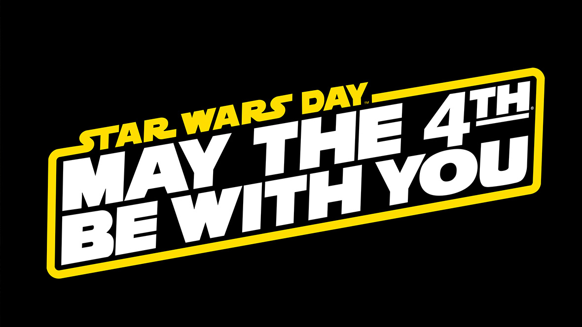 White and yellow logo reading “Star Wars Day, May the 4th Be With You” on a black background.
