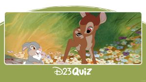 Bambi, Thumper, and Flower from Bambi (1942) standing in a field of multicolored flowers in front of a grassy green background.