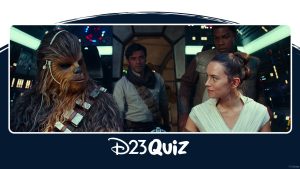 Rey and Chewbacca from Star Wars: Rise of Skywalker sit in the cockpit of the Millennium Falcon, looking at each other. Poe and Finn stand in the background.