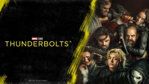 The cast of Marvel Studios’ Thunderbolts*, including Florence Pugh as Yelena Belova, Sebastian Stan as Bucky Barnes, David Harbour as Red Guardian, Hannah John-Kamen as Ghost, Olga Kurylenko as Taskmaster, and Wyatt Russell as John Walker. They are in a close-knit formation and are either staring at one another, into the camera, or off camera—all while lifting weapons or grappling. They’re dressed in black-gray leather or metallic attire. To the left of the cast is white text that reads “D23 Gold Member Advance Screenings” and yellow title text reading “Marvel Studios’ Thunderbolts*,” both against a black background. The image is divided by yellow brushstrokes resembling a lightning motif.