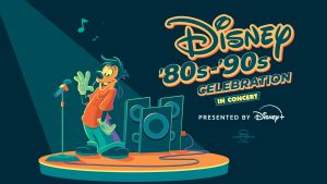 Promotional graphic for 'Disney '80s–'90s Celebration In Concert,' presented by Disney+. The illustration features Goofy’s son Max from A Goofy Movie standing on stage under a spotlight, wearing a red shirt and green pants, holding up one hand while smiling toward the audience. A microphone and speakers surround him, with musical notes floating in the air. The retro-style typography is bold and colorful, with a nostalgic vibe, and the Disney+ and Disney Concerts logos appear at the bottom.