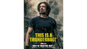Bucky Barnes (Winter Soldier) looking up while wearing a black shirt, with yellow text that reads “This is a Thunderbolt*”