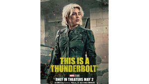 Yelena Belova in a black Super Hero suit, with yellow text that reads “This is a Thunderbolt*”