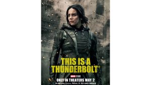 Ava Starr (Ghost) in a dark Super Hero suit, with yellow text that reads “This is a Thunderbolt*”