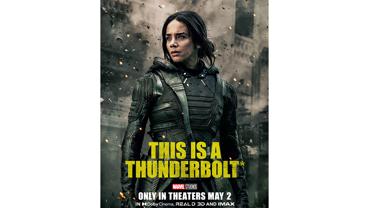 Ava Starr (Ghost) in a dark Super Hero suit, with yellow text that reads “This is a Thunderbolt*”