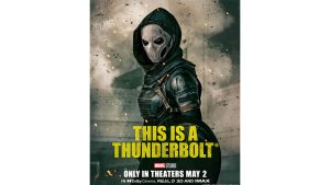 Antonia Dreykov (Taskmaster) in her Super Hero outfit, with yellow text that reads “This is a Thunderbolt*”