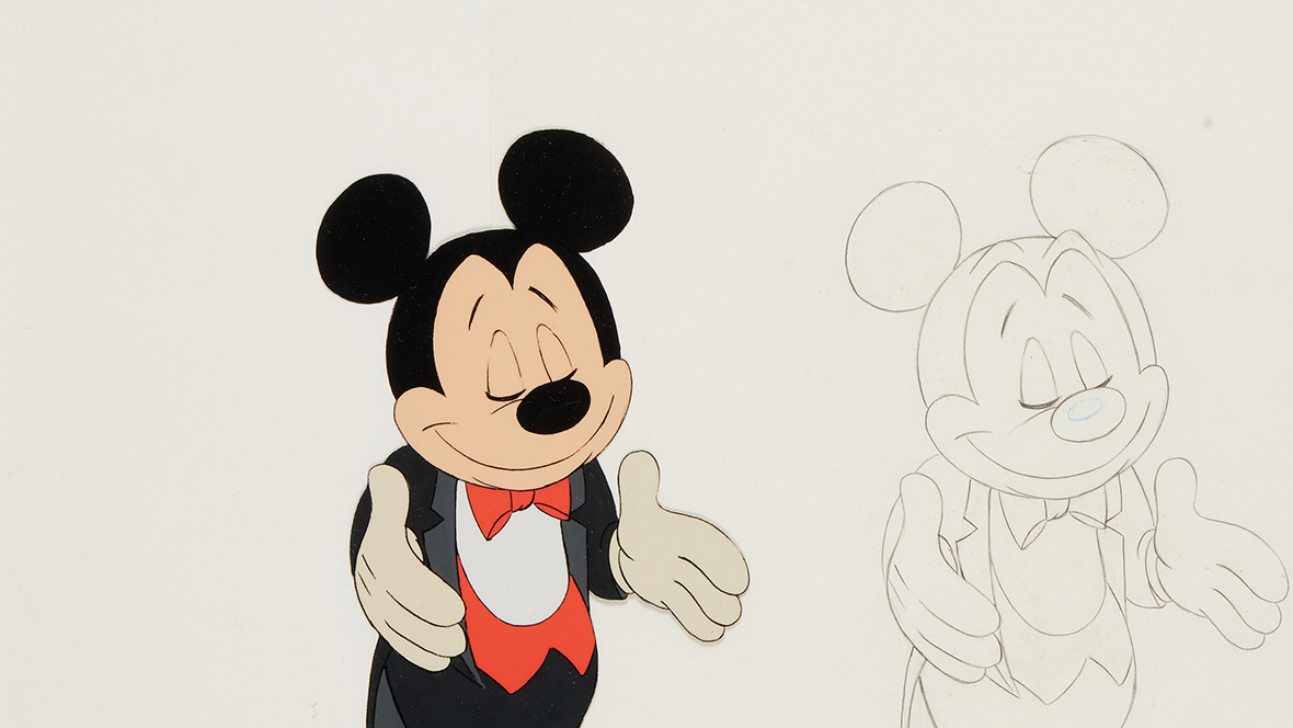 An animation cel of Mickey Mouse—from the 1988 Here’s to You, Mickey Mouse! TV special—that’s part of the AnimAID fundraising auction, being held by ASIFA-Hollywood.