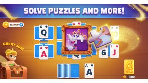 In-game screen from Disney Solitaire showing the traditional card gameplay with a &ldquo;special&rdquo; card on the screen. Puzzle pieces are coming together to form a picture of Mrs. Potts and Tinker Bell is in the left corner behind a treasure chest.