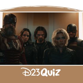 Image of the Thunderbolts* in an elevator. From left to right: David Harbour as Alexei Shostakov/Red Guardian, Hannah John-Kamen as Ava Starr/Ghost, Sebastian Stan as Bucky Barnes, Florence Pugh as Yelena Belova, and Wyatt Russell as John Walker.