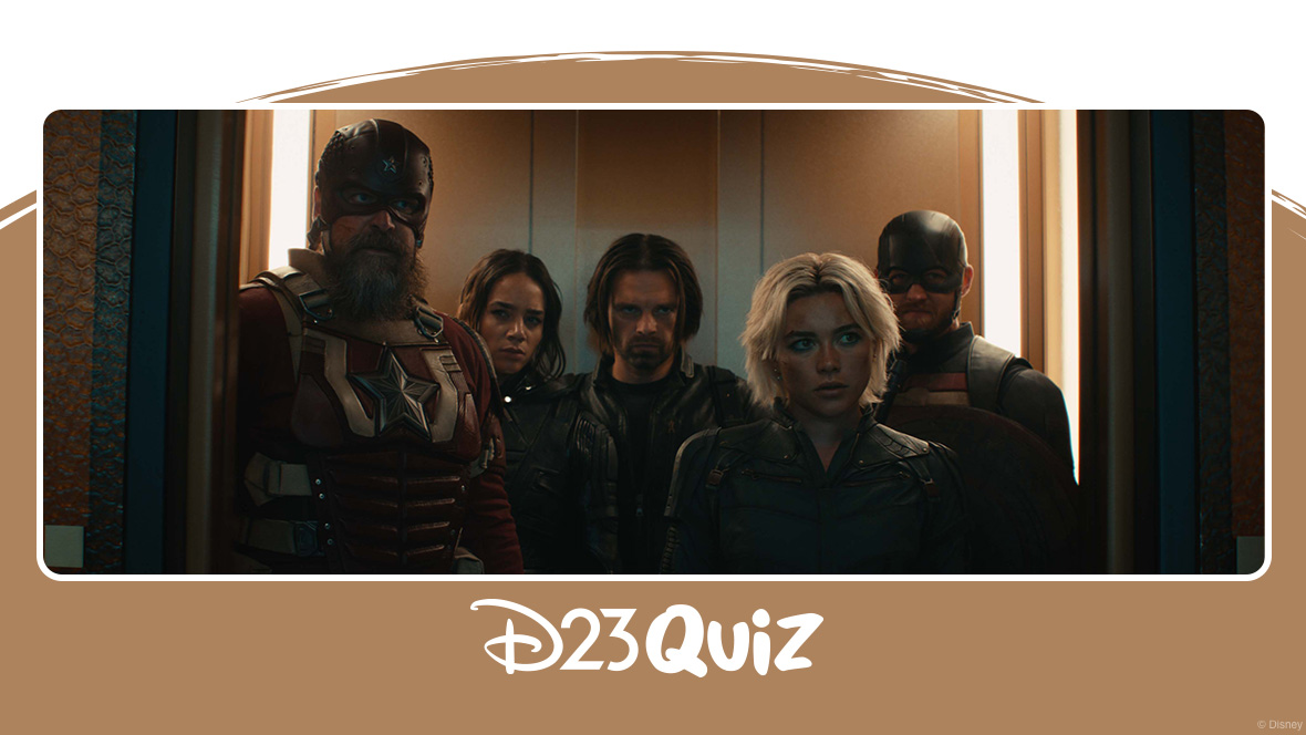 Image of the Thunderbolts* in an elevator. From left to right: David Harbour as Alexei Shostakov/Red Guardian, Hannah John-Kamen as Ava Starr/Ghost, Sebastian Stan as Bucky Barnes, Florence Pugh as Yelena Belova, and Wyatt Russell as John Walker.